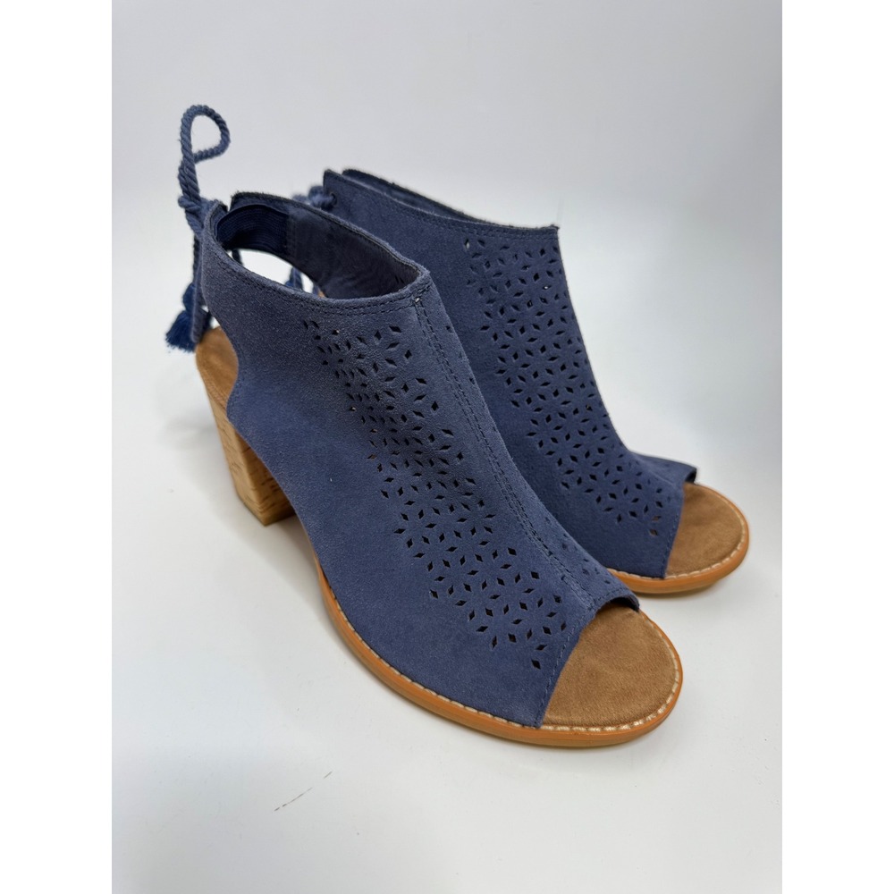 TOMS Majorca Cutout Sandals Womens 8 Blue Excellent Suede Cork Block Heel Tassel